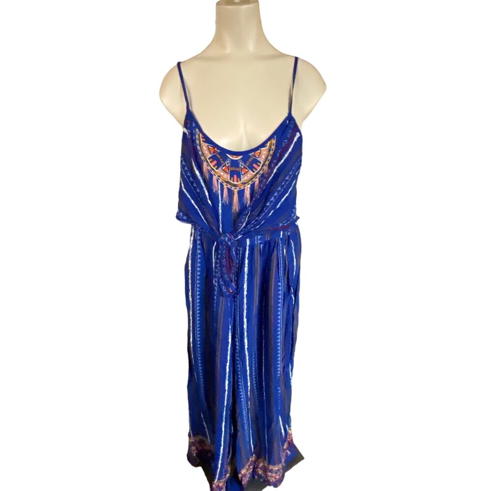 Flying Tomato Women's Size Large Open Back Strappy Boho Tied Jumpsuit Blue NWT